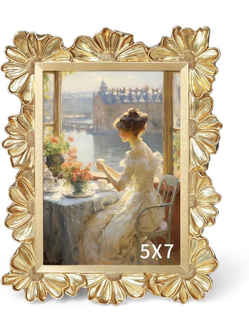 Vintage Gold 5x7 Picture Frame, Ornate Ginkgo Leaf Design, Tabletop & Wall